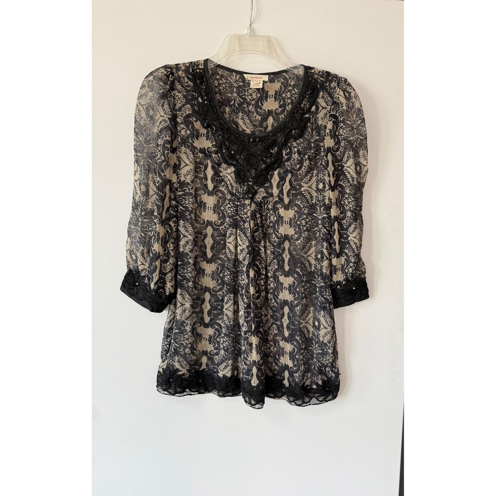 Sundance Boho Lace Trimmed‎ Beaded Sheer Bohemian Print Tunic Top XS